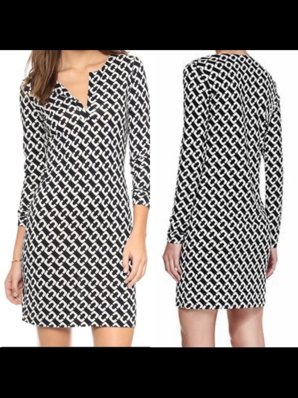 Dvf Diane Von Furstenberg Reina silk Black & White Long-Sleeve Sheath Dress 2
